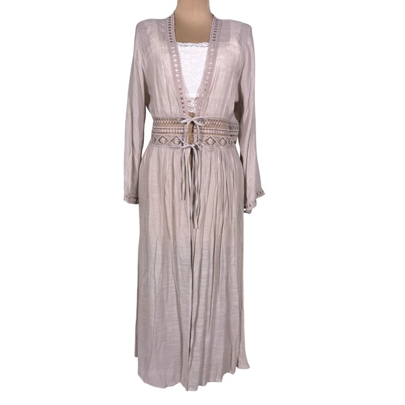Rebellion Again Beige Lace Trimmed Tie Front Boho Kimono Duster Lrg Beach Cover - Picture 3 of 13